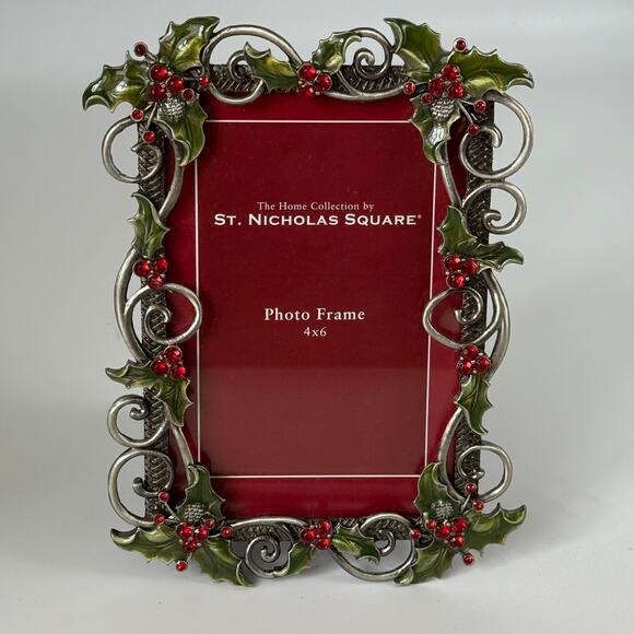 St Nicholas Square Metal Christmas 4x6 Holiday Picture Frame Holly Red Jewels - Picture 1 of 8